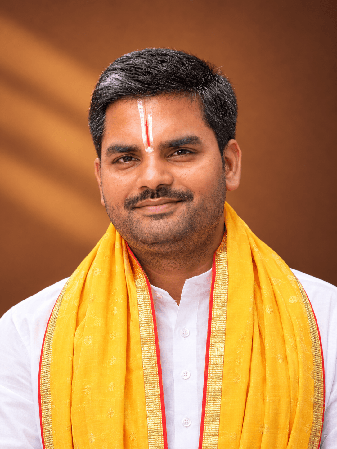 Acharya Deepak Shukla Ji in a white kurta and saffron shawl